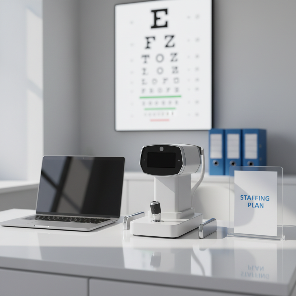 A sleek ophthalmology consulting workspace with a glossy white desk supporting a neatly arranged collection of clinical tools: a modern digital phoropter, a closed laptop showing a faint reflection of an eye chart, and a slim acrylic folder labeled “Staffing Plan”. In the background, a softly blurred wall-mounted Snellen chart and organized blue file boxes suggest a well-run practice. Soft daylight enters from an unseen window, creating gentle reflections on metallic surfaces and casting clean, subtle shadows. Photographic realism with a clean, modern aesthetic, shot at eye level with a shallow depth of field. The mood is professional, calm, and efficient, ideal for conveying trust in temporary ophthalmology staffing and consulting services.