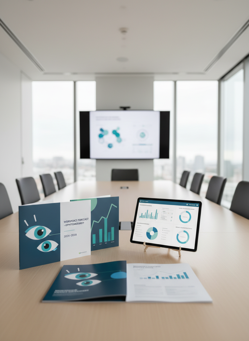 A modern consulting boardroom tailored to eye-care strategy, with a long, light-wood conference table featuring a central display of glossy brochures with stylized eye icons, a printed “Workforce Forecast” report, and a tablet showing a dashboard of clinic performance metrics. A large wall-mounted screen at the far end displays a blurred, professional infographic about ophthalmology staffing trends. Floor-to-ceiling windows reveal a soft, out-of-focus cityscape, with bright but diffused daytime light filling the room and creating subtle reflections on the table’s surface. Photographic realism at a wide-angle, eye-level composition with balanced symmetry. The mood is forward-thinking, analytical, and polished, ideal for illustrating strategic consulting services for ophthalmology practices without showing any people.