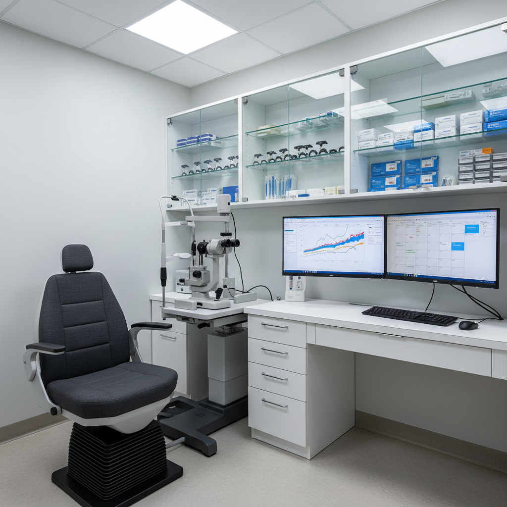 An immaculate examination lane in an ophthalmology clinic, featuring a high-end slit lamp biomicroscope and examination chair in dark charcoal upholstery, perfectly aligned beside a compact workstation with dual computer monitors displaying abstract graphs and schedule blocks. Glass-front cabinets hold neatly arranged diagnostic lenses and sterile packaging. Cool, diffused overhead lighting creates even illumination with soft reflections on chrome and glass surfaces, emphasizing cleanliness and precision. Photographic realism, captured from a slightly elevated angle with sharp focus throughout, showcasing the full layout. The atmosphere is orderly, clinical, and reassuring, suggesting a practice ready to welcome expertly placed temporary ophthalmologists and optometrists.