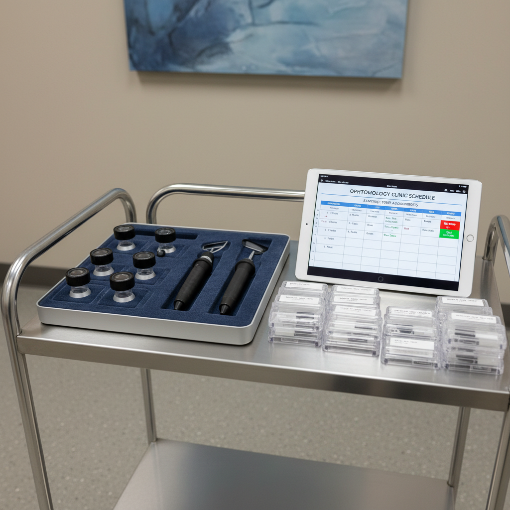 A close-up, photographic realistic view of an organized ophthalmic instruments tray on a stainless-steel cart: tonometer heads in cushioned slots, a retinoscope and ophthalmoscope set with matte black handles, sterilized lens cases, and a digital tablet displaying an appointment schedule labeled with color-coded temporary staffing assignments. The cart stands on polished, light-gray flooring beside a neutral-toned clinic wall with a softly blurred abstract blue artwork. Soft, overhead clinical lighting creates clear, crisp highlights and minimal shadow, enhancing the sense of sterility and readiness. Shot from a slightly elevated angle with a moderate depth of field, the mood is precise, professional, and quietly efficient, emphasizing expertise in managing ophthalmology staffing logistics.